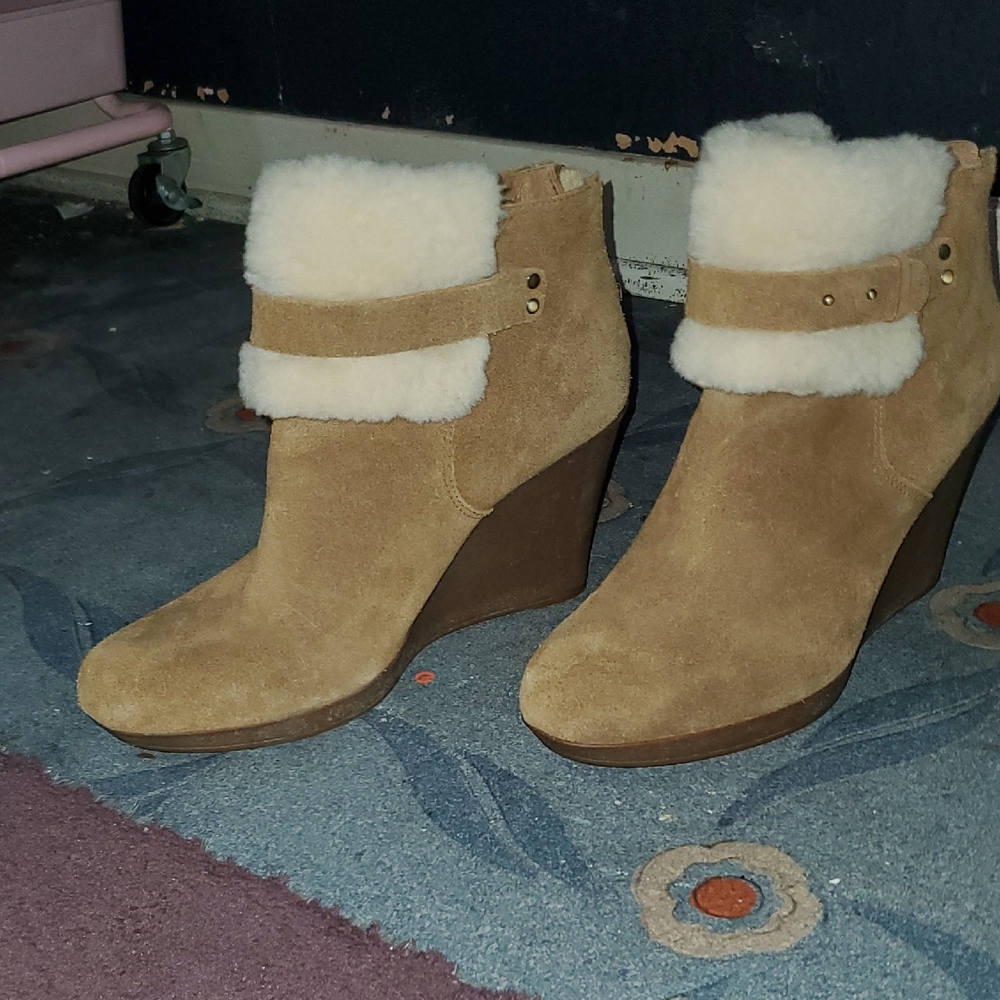 Women's Suede Wedge Boots with Shearling Cuff